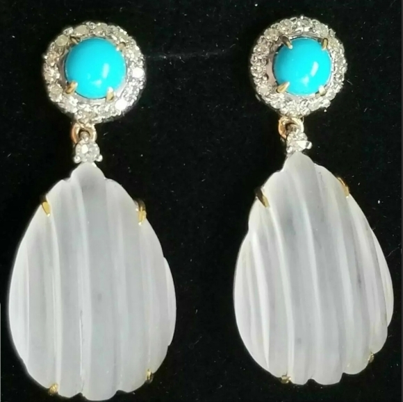 Earrings 14k Gold Diamond Turquoise Rock Crystal Quartz Drop- Estate Jewelry 7g - Picture 1 of 12